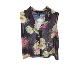Perceptions Woman Brown Floral Sleeveless Button Down Shirt Women's Size 22W